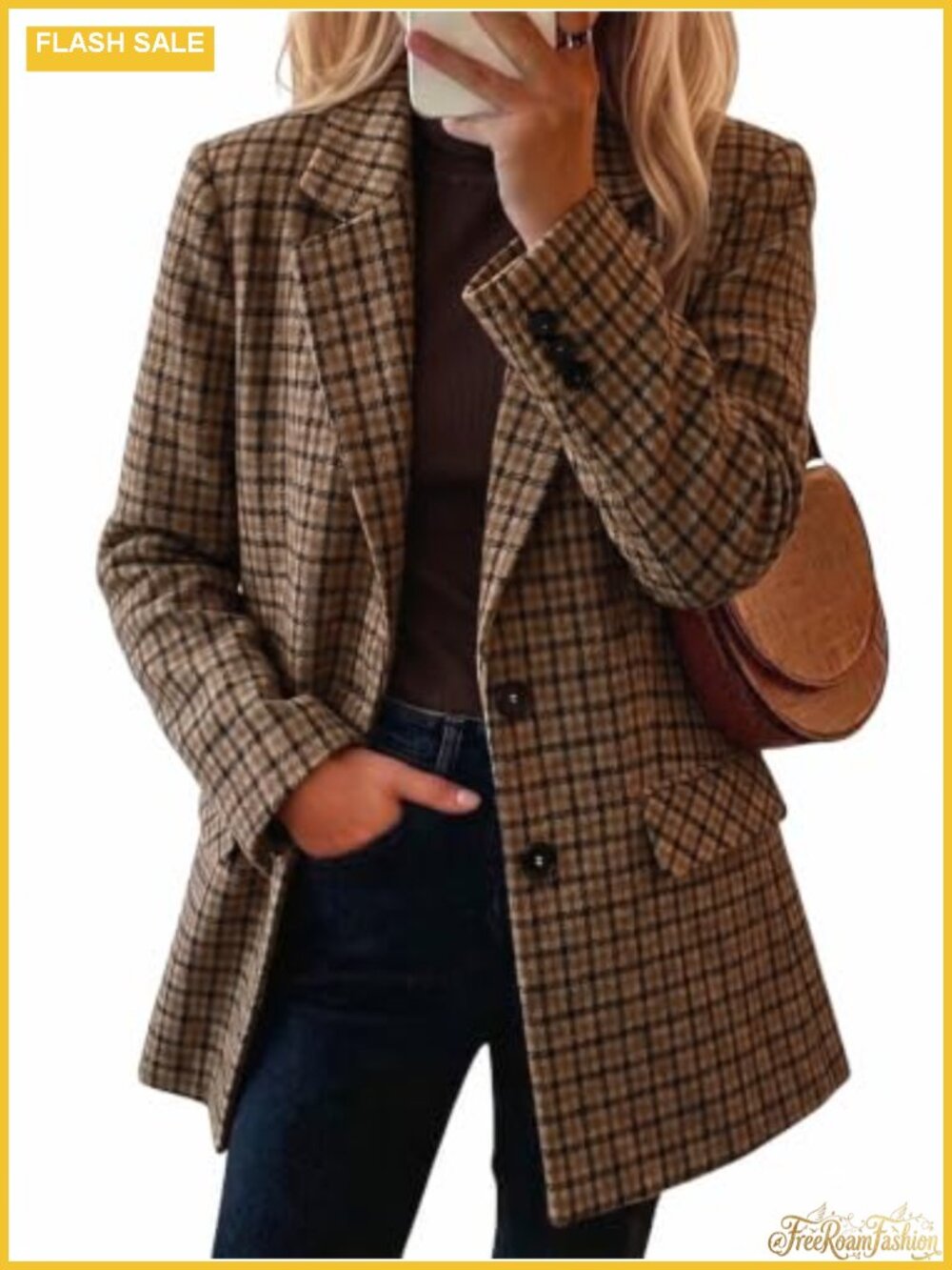 Wool Blend Houndstooth Blazer Oversized Notch Collar Business Casual